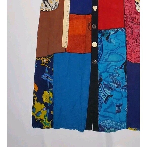 La Cera Crinkle Button Front Dress Medium Patchwork Pocket Artsy Shabby Chic - Picture 7 of 10